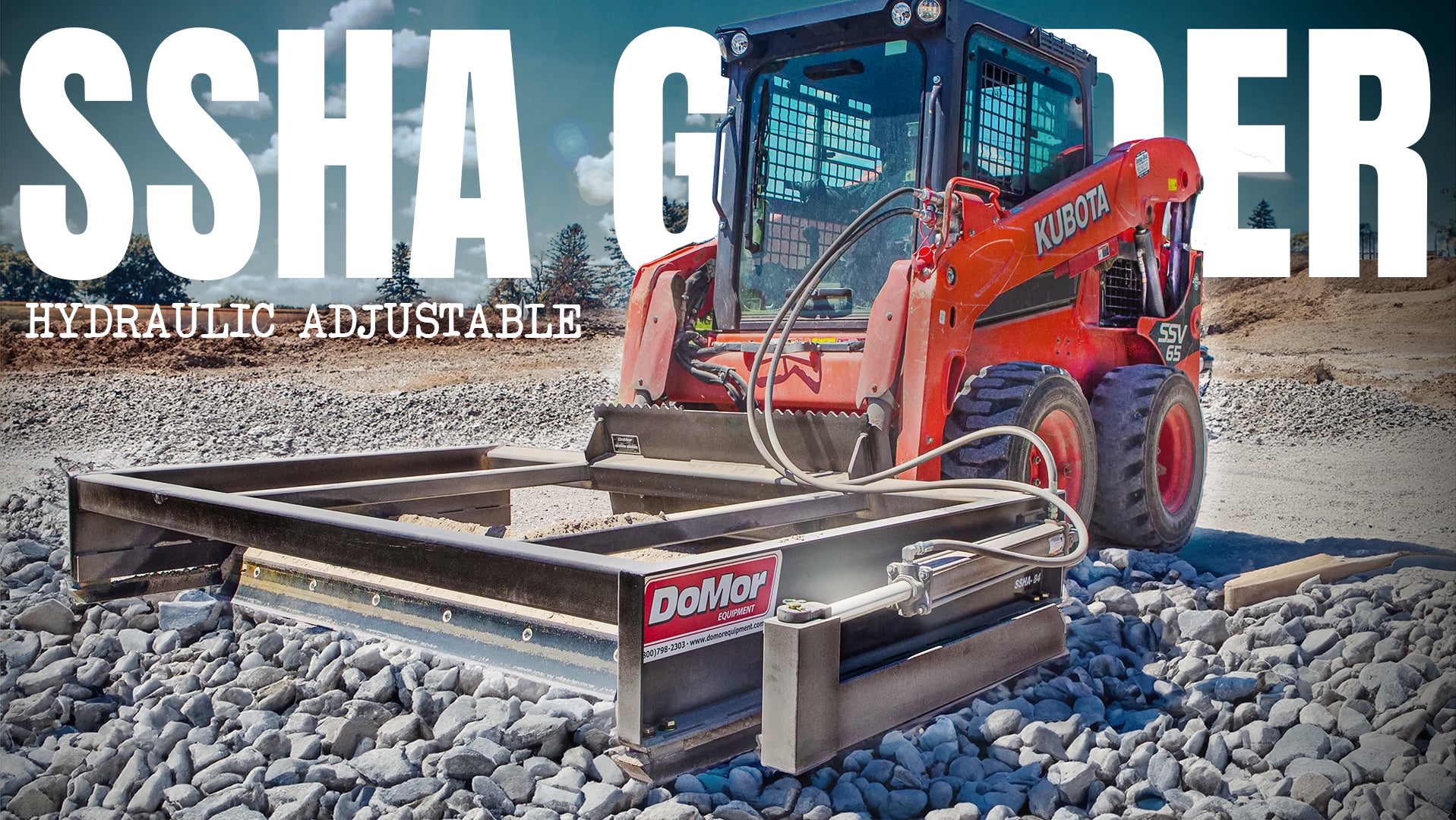SSHA Hydraulic Adjustable Grader attachment in operation, connected to a red Kubota skid steer loader on a gravel surface, showcasing the grader's sturdy frame and precision in leveling terrain.