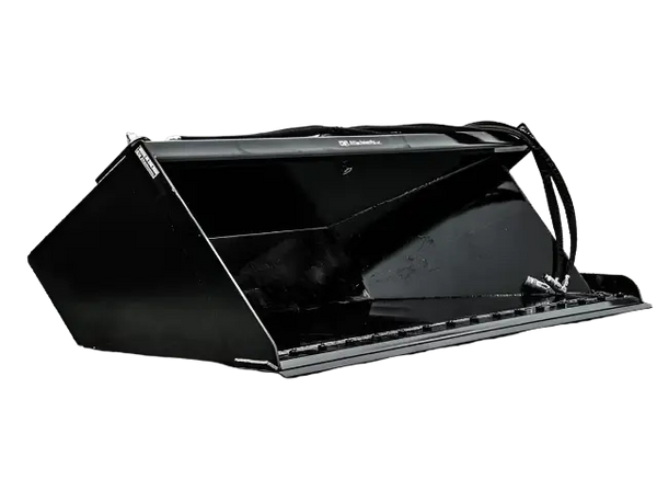 Side dump Bucket facing right with hydraulic hoses in the top corner.