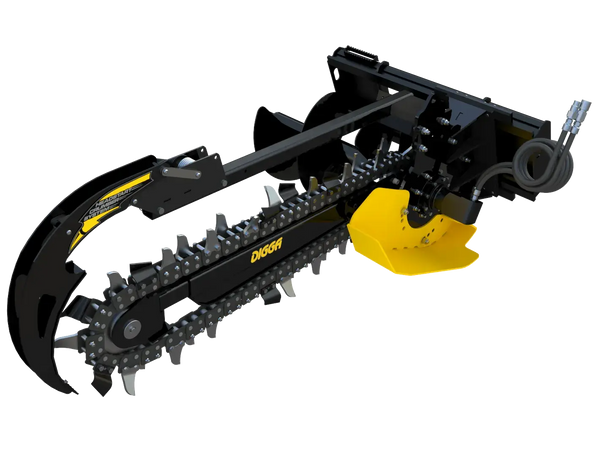 A Digga Bigfoot Trencher attached to a skid steer loader, ready to dig a trench. The trencher is painted orange and black, and the Digga logo is prominently displayed on the side.