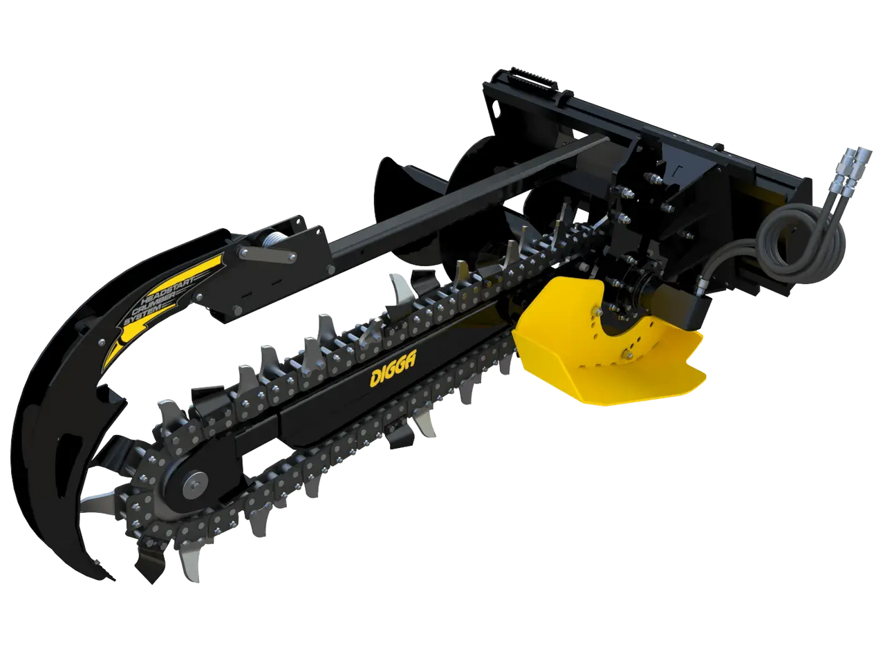 A Digga Bigfoot Trencher attached to a skid steer loader, ready to dig a trench. The trencher is painted orange and black, and the Digga logo is prominently displayed on the side.