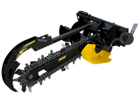 Thumbnail for A Digga Bigfoot Trencher attached to a skid steer loader, ready to dig a trench. The trencher is painted orange and black, and the Digga logo is prominently displayed on the side.