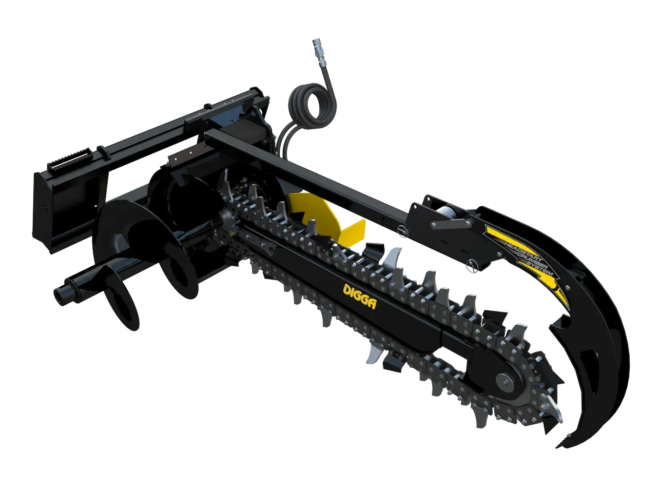 The image shows a Digga  Bigfoot Trencher, which is a skid steer attachment used for digging trenches. The trencher is painted orange and black, and the Digga logo is prominently displayed on the side. The trencher has a long, narrow bucket with sharp teeth that rotate to cut through the ground.