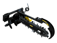 Thumbnail for The image shows a Digga  Bigfoot Trencher, which is a skid steer attachment used for digging trenches. The trencher is painted orange and black, and the Digga logo is prominently displayed on the side. The trencher has a long, narrow bucket with sharp teeth that rotate to cut through the ground.