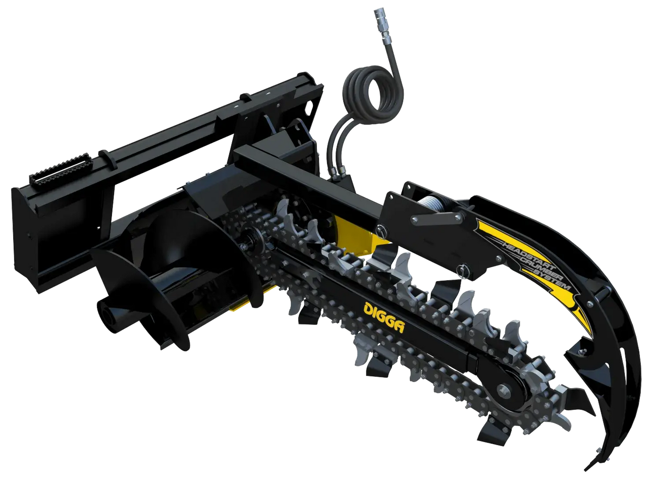 The trencher has a long boom with a cutting chain at the end.