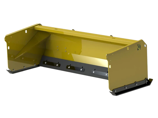 EZ Snow Pusher skid steer attachment with adjustable containment wings clearing a snow-covered parking lot