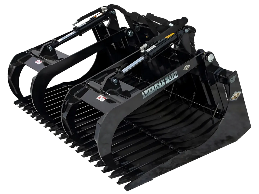 HD brush grapple skid steer attachment with open tines gripping cut brush and debris