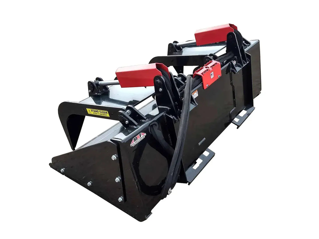 The grapple is mounted on a boom that can be raised and lowered, and it is also rotatable so that the material can be placed in different locations.