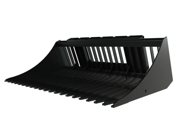 HD skid steer rock bucket with reinforced cutting edge and tine spacing for rock and debris separation