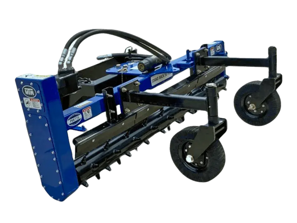 The image is a blue and black Power Rake - Commercial.