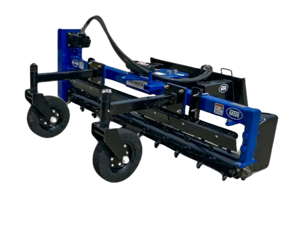 A blue and black MTW brand power rake with black wheels.