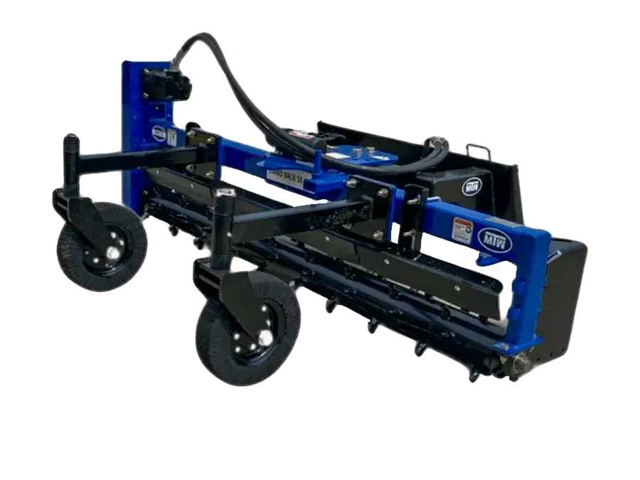 A blue and black MTW brand power rake with black wheels.