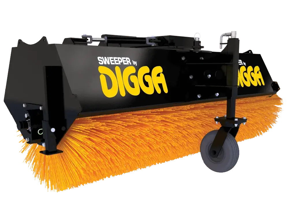 The image shows a black and yellow sweeper attachment on a gray background. The sweeper attachment is called a Digga Angle Broom Attachment and is used on skid steer loaders.