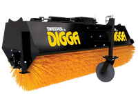 Thumbnail for The image shows a black and yellow sweeper attachment on a gray background. The sweeper attachment is called a Digga Angle Broom Attachment and is used on skid steer loaders.