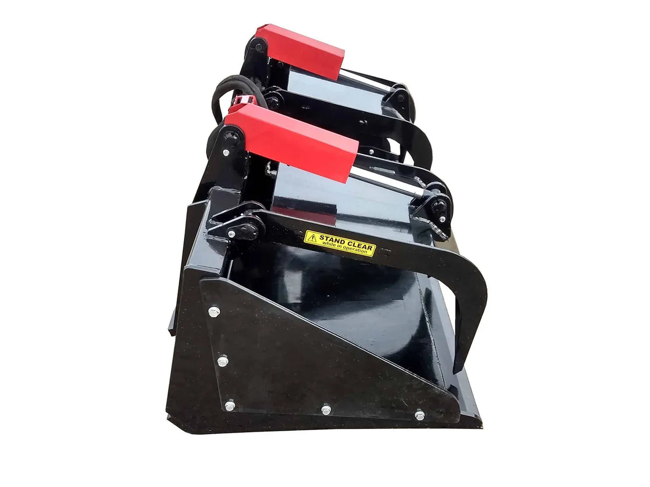 The grapple is made of heavy-duty steel and has four teeth that can be opened and closed hydraulically. 