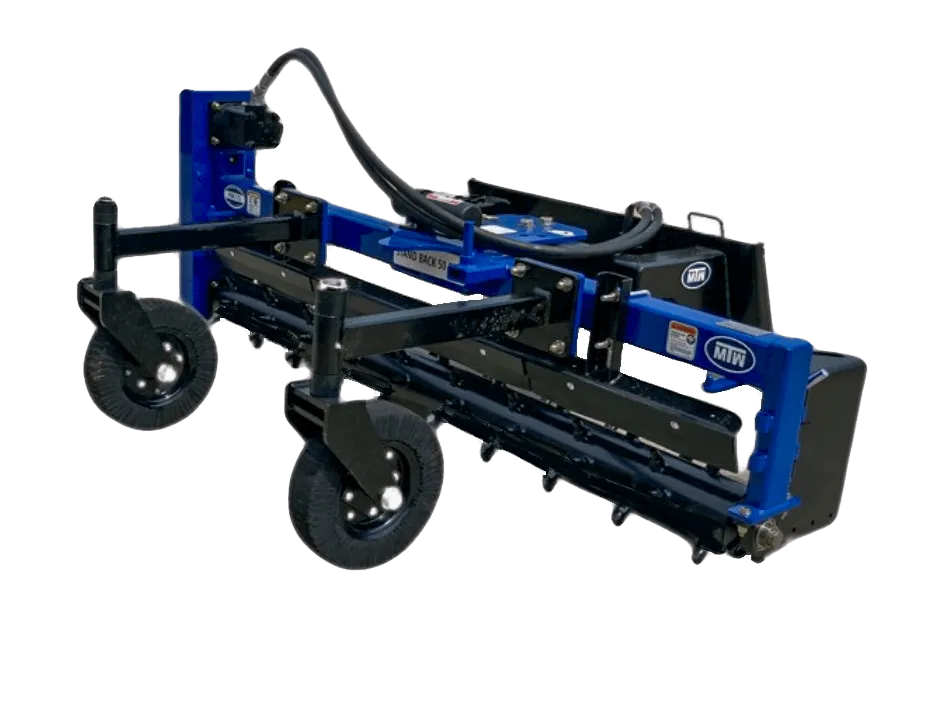 A blue and black MTW brand power rake with black wheels.