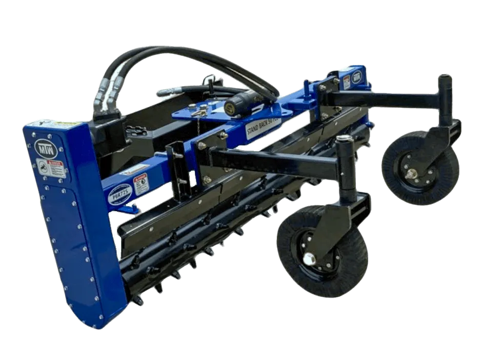  blue and black MTW brand tractor with a front-mounted rake attachment. This heavy-duty tractor is designed for landscaping and construction work.