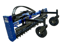 Thumbnail for  blue and black MTW brand tractor with a front-mounted rake attachment. This heavy-duty tractor is designed for landscaping and construction work.
