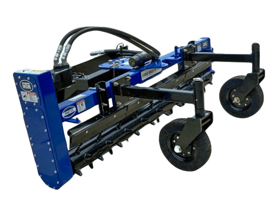 A heavy-duty power rake - professional attached to a tractor, used for breaking up and leveling soil.