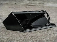 Thumbnail for The image shows a black bucket sitting on top of a dirt road. The bucket is upright and empty. The dirt road is winding and dusty, and there are a few trees in the distance. The image is well-lit and in focus.