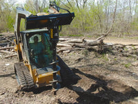 Thumbnail for A detailed digital illustration of a bulldozer operator maneuvering his machine through a wooded landscape. The bulldozer’s powerful blade is pushing aside trees and vegetation to create a new pathway.
