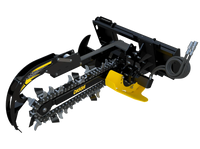 Thumbnail for This type of machine is called a trencher.  It has a long, sharp chain that is mounted on a metal bar. The bar is attached to a motor that drives the chain. The machine has two handles that allow the operator to control it.