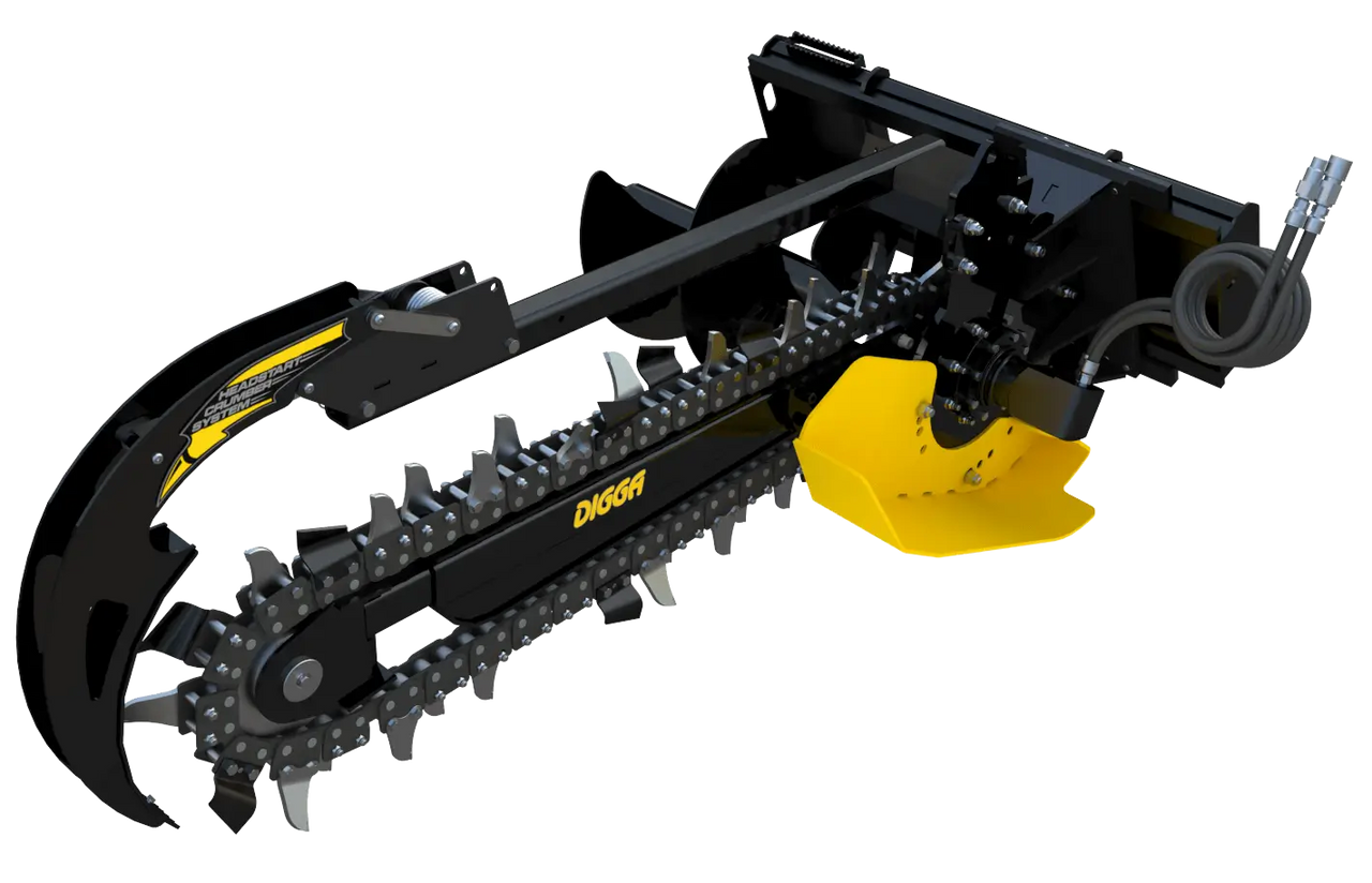Side view of a Bigfoot 1200 standard flow trencher attachment for skid steers, featuring a black frame, yellow digging chain, and hydraulic hoses.