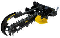 Thumbnail for Side view of a Bigfoot 1200 standard flow trencher attachment for skid steers, featuring a black frame, yellow digging chain, and hydraulic hoses.