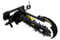 Thumbnail for Angled view of a Bigfoot 1200 standard flow trencher skid steer attachment, showcasing its robust black steel frame, yellow trenching chain, and hydraulic system.