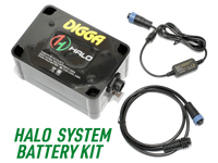 Thumbnail for A close-up of a Halo System Battery Kit, showing the battery pack, carrying handle, and label. The label displays the branding and specifications of the battery.