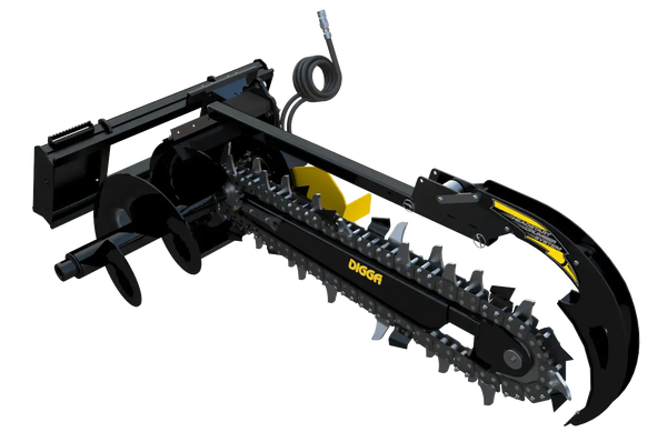 Angled view of a Bigfoot 1200 standard flow trencher skid steer attachment, showcasing its robust black steel frame, yellow trenching chain, and hydraulic system.