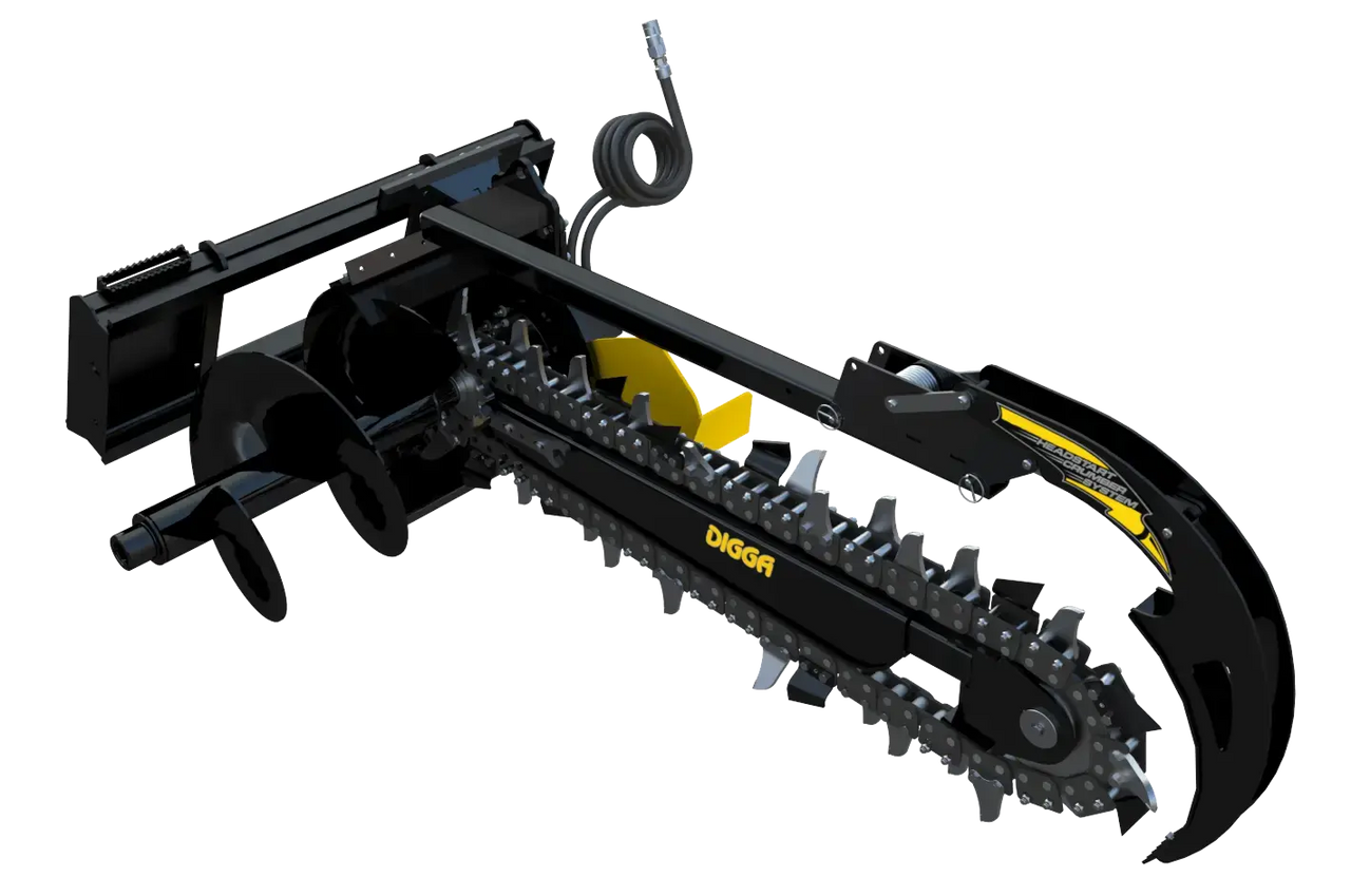 Angled view of a Bigfoot 1200 standard flow trencher skid steer attachment, showcasing its robust black steel frame, yellow trenching chain, and hydraulic system.