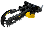 Side view of a Bigfoot 1200 standard flow trencher attachment for skid steers, featuring a black frame, yellow digging chain, and hydraulic hoses.