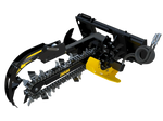 This type of machine is called a trencher.  It has a long, sharp chain that is mounted on a metal bar. The bar is attached to a motor that drives the chain. The machine has two handles that allow the operator to control it.