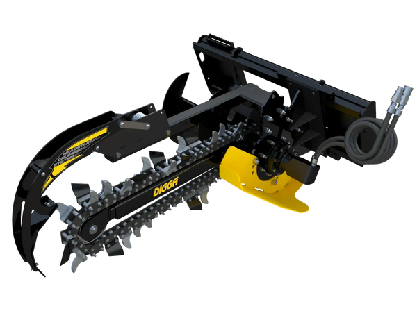 This type of machine is called a trencher.  It has a long, sharp chain that is mounted on a metal bar. The bar is attached to a motor that drives the chain. The machine has two handles that allow the operator to control it.