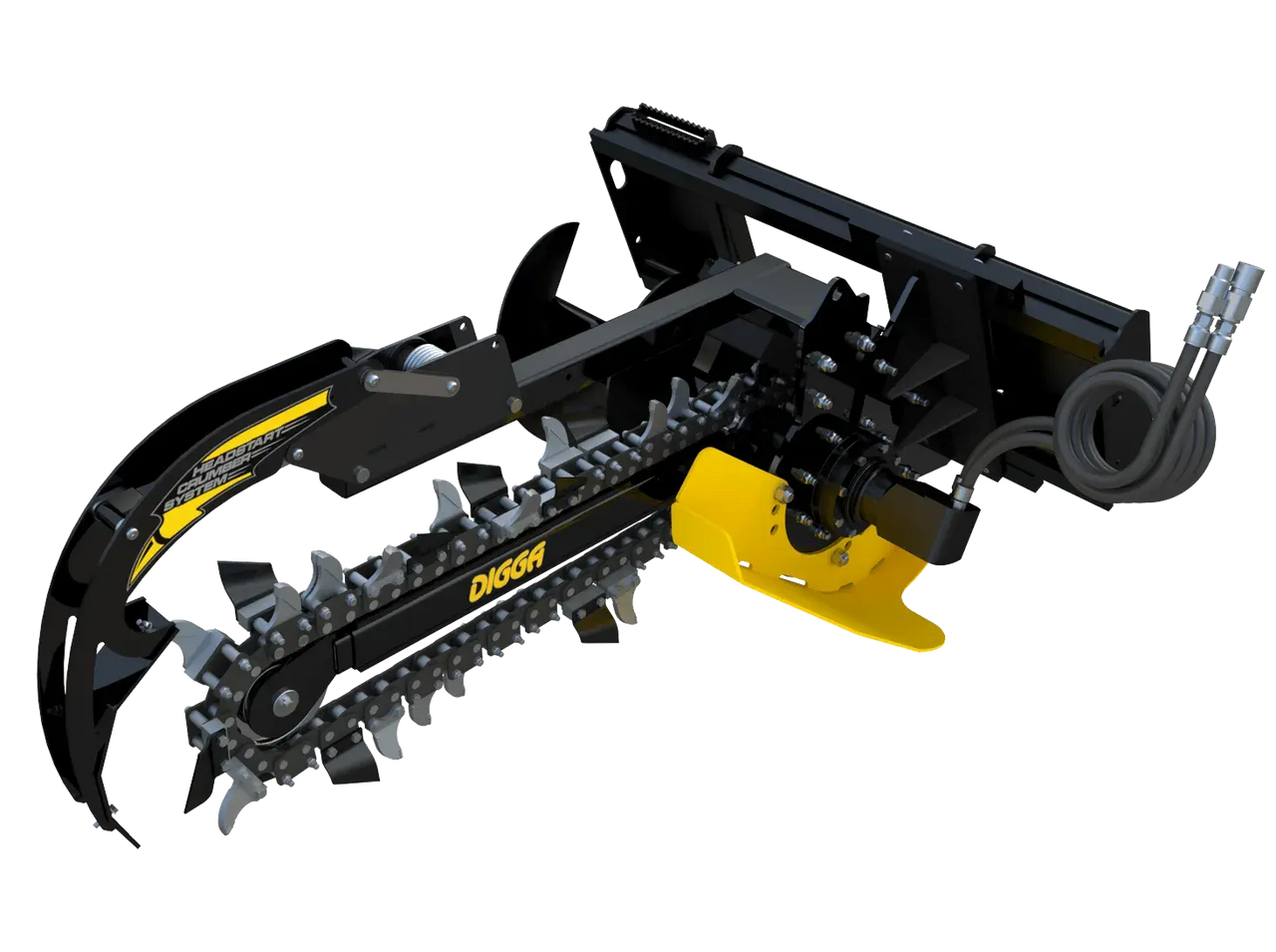 This type of machine is called a trencher.  It has a long, sharp chain that is mounted on a metal bar. The bar is attached to a motor that drives the chain. The machine has two handles that allow the operator to control it.