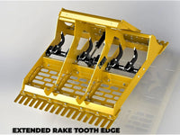 Thumbnail for Close-up of the curved teeth of a land leveler attachment.