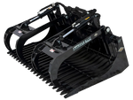 HD brush grapple skid steer attachment with open tines gripping cut brush and debris