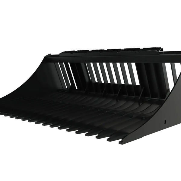 HD skid steer rock bucket with reinforced cutting edge and tine spacing for rock and debris separation