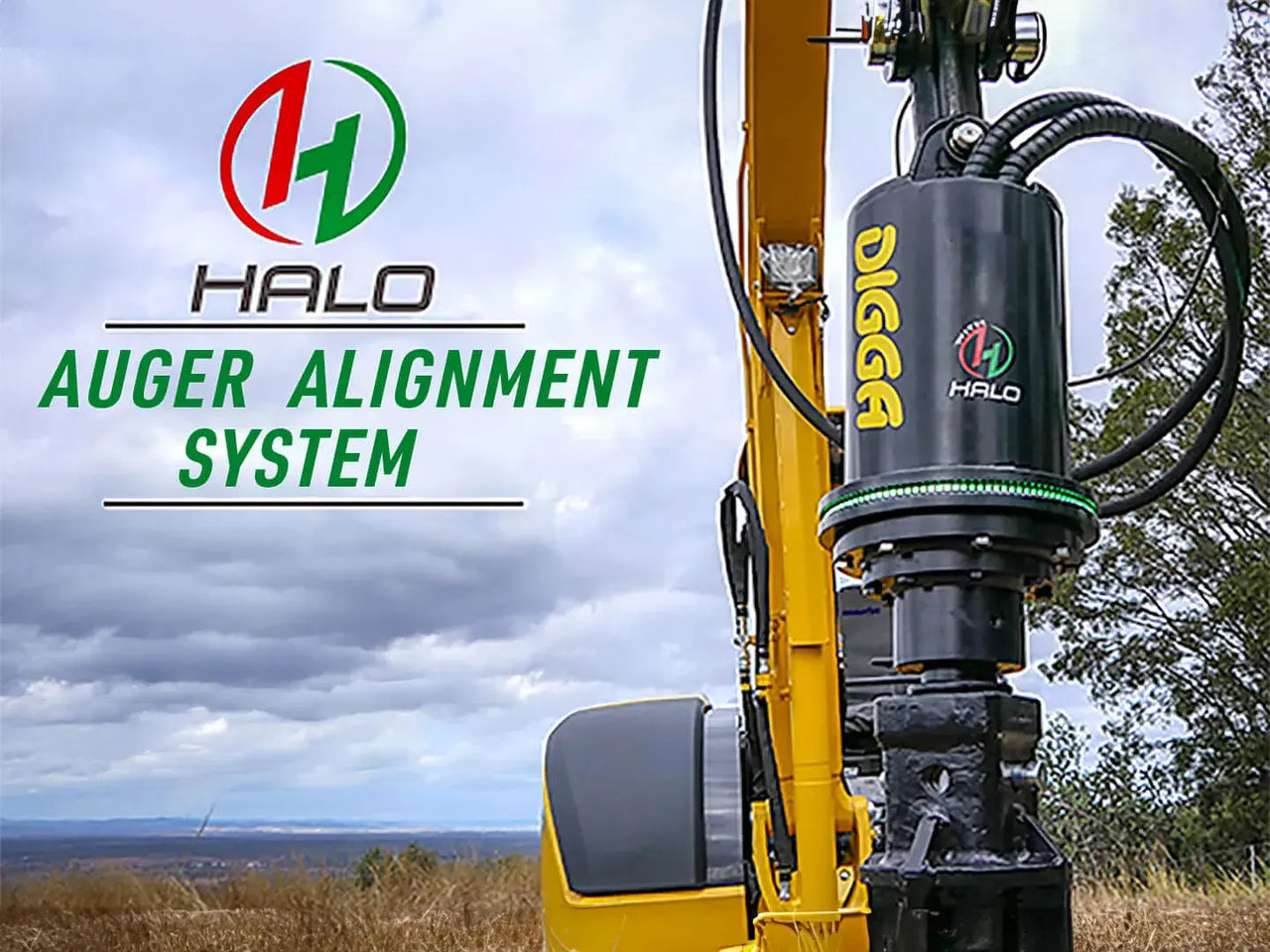 A photorealistic image of a Halo Auger Alignment System attached to a skid steer loader. The auger is mounted on the front of the loader and is aligned with a vertical target on the ground. The system is designed to help operators drill precise holes for fence posts, trees, and other applications.