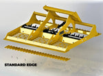 Yellow tines of a land leveler attachment against a white background.