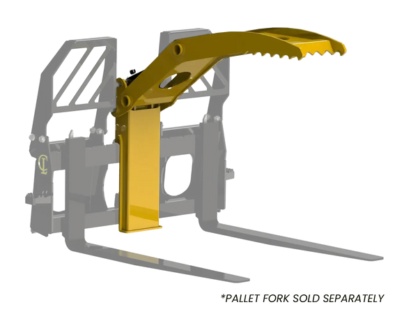 Pallet fork grapple for skid steers with tines and top clamp for securing and moving loose or bundled loads