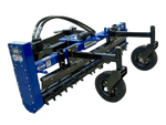 A heavy-duty power rake - professional attached to a tractor, used for breaking up and leveling soil.