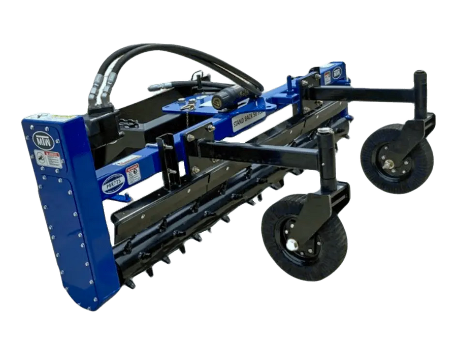 A heavy-duty power rake - professional attached to a tractor, used for breaking up and leveling soil.