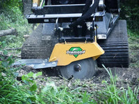 Thumbnail for Close-up of a diamond mower's rotating teeth shredding a tree stump.