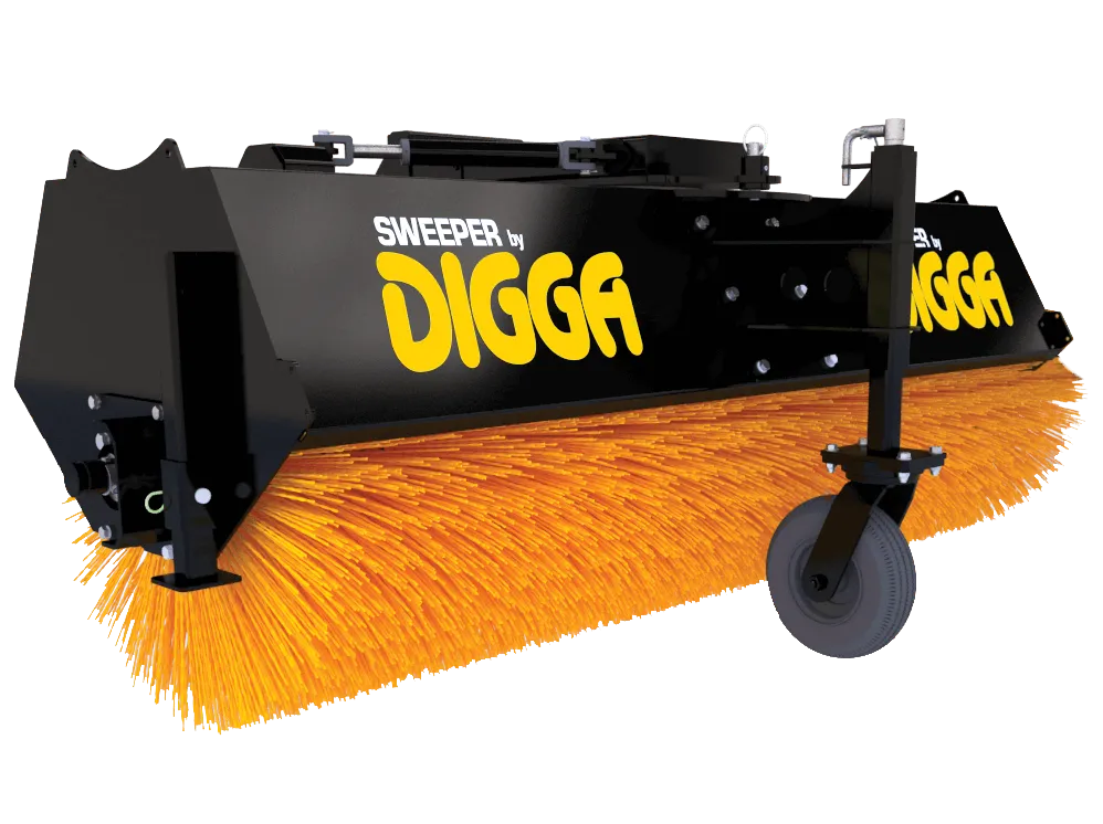 The image shows a black and yellow sweeper attachment on a gray background. The sweeper attachment is called a Digga Angle Broom Attachment and is used on skid steer loaders. 
