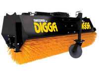 Thumbnail for The image shows a black and yellow sweeper attachment on a gray background. The sweeper attachment is called a Digga Angle Broom Attachment and is used on skid steer loaders. 