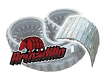 A close-up photo of a pair of rubber tracks with a prominent Armadillo logo, centered on a light gray background. The logo is black and white, and the tracks have a textured surface with ridges and grooves.
