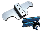 A close-up image of a hammer and shark logo. The hammer is in the foreground and the shark logo is in the background. The hammer is silver and the shark logo is black.