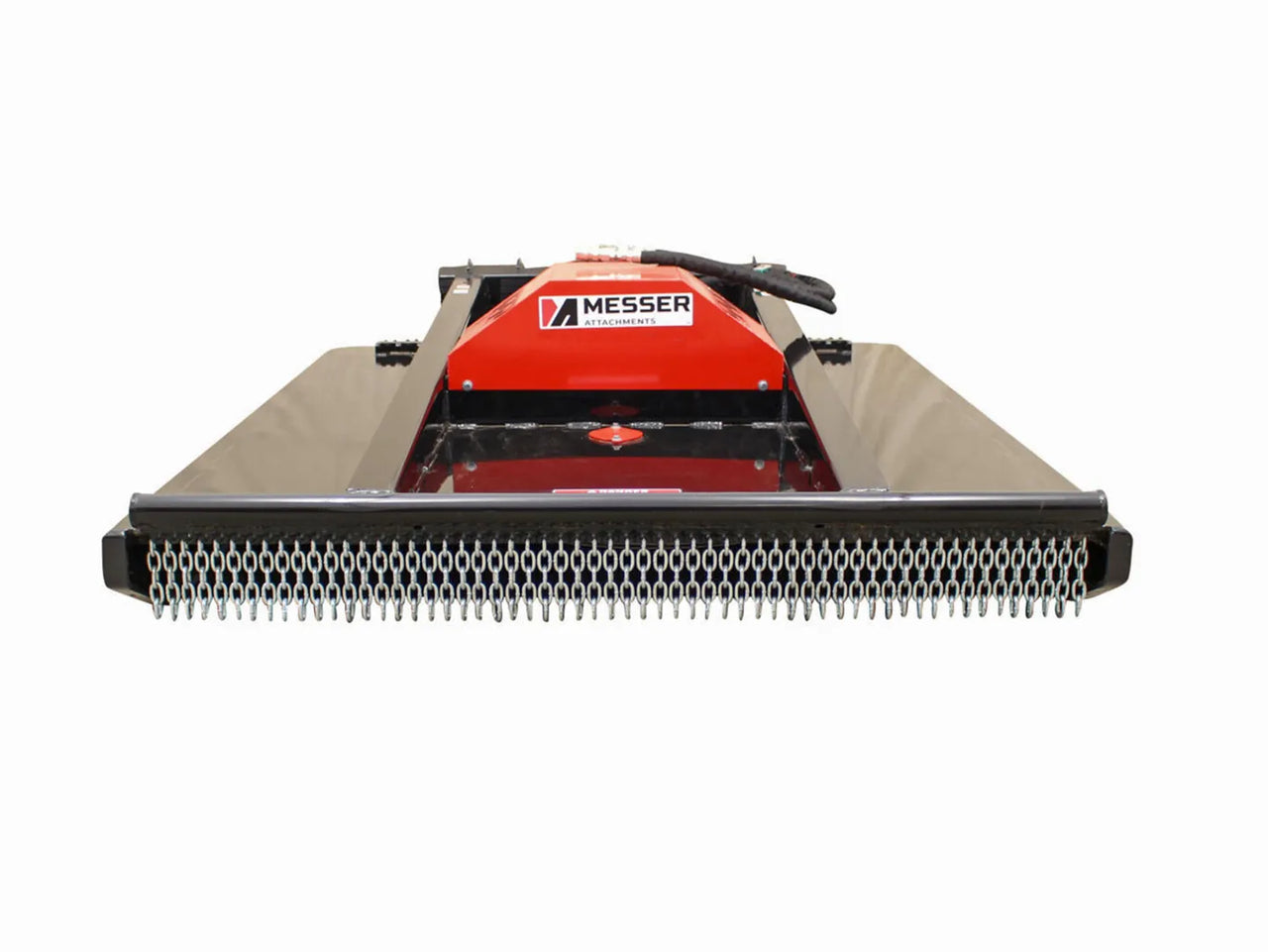 72" brush cutter with a robust design featuring a red and black color scheme, manufactured by Messer Attachments. The cutter has a protective front chain guard and is designed for heavy-duty land clearing and brush cutting.