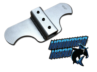 Thumbnail for A close-up image of a hammer and shark logo. The hammer is in the foreground and the shark logo is in the background. The hammer is silver and the shark logo is black.